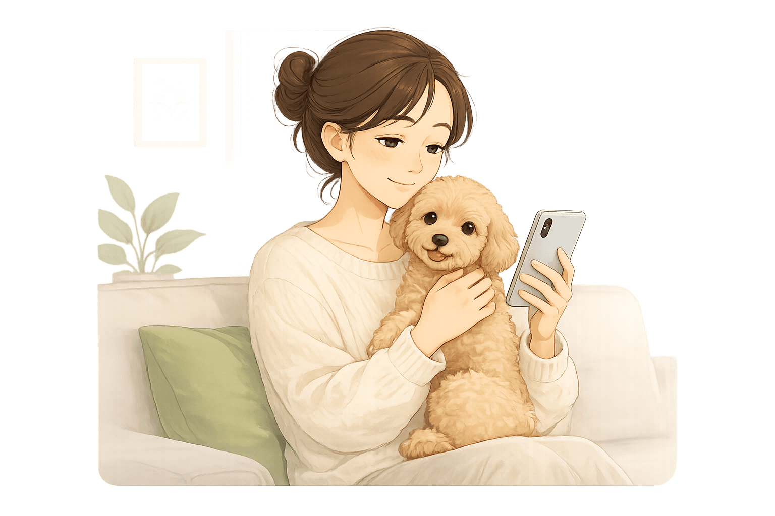 スマホでアプリを見ながら犬を抱く飼い主