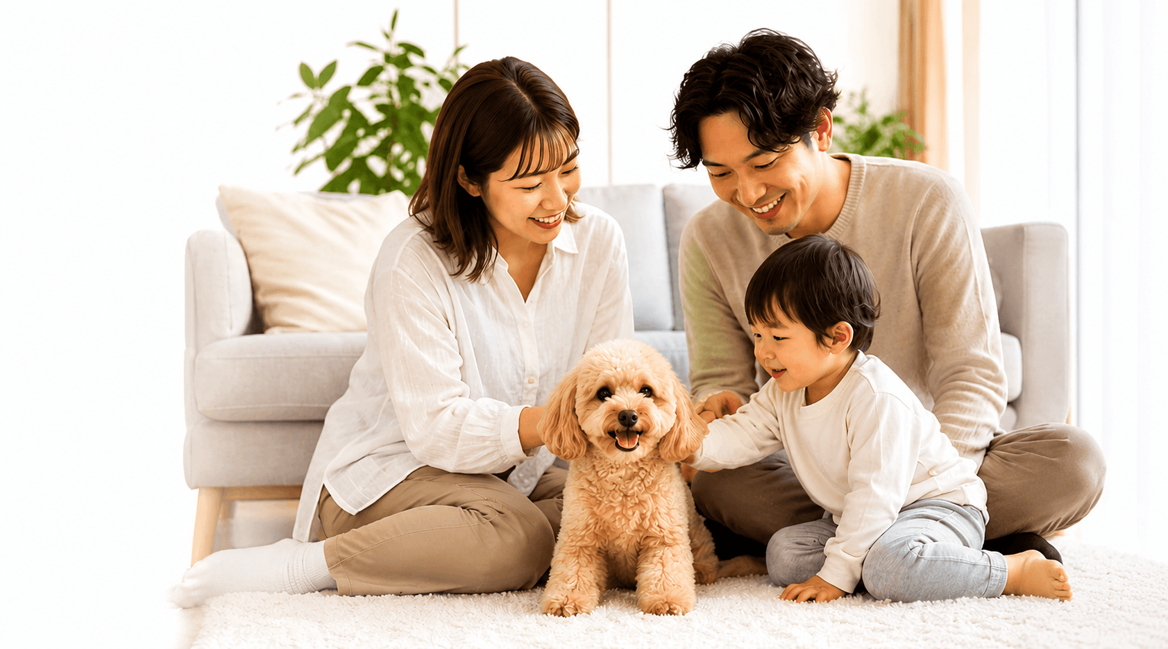 リビングで犬と過ごす家族