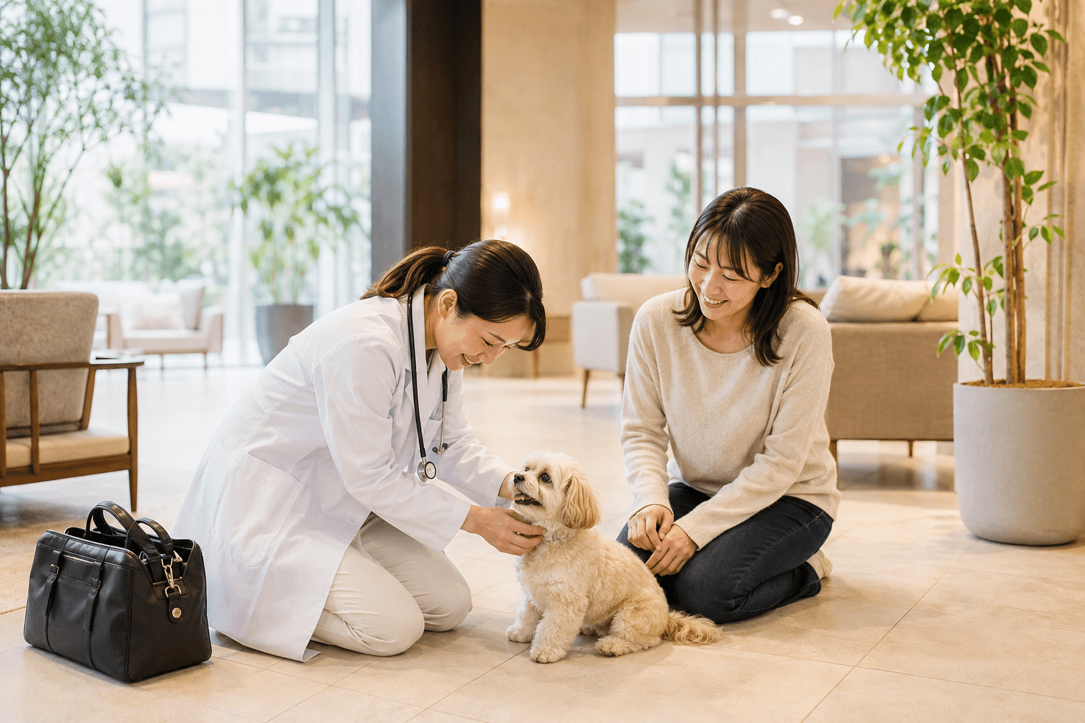 マンションの共用ロビーで犬の健康診断をする獣医師と、見守る飼い主
