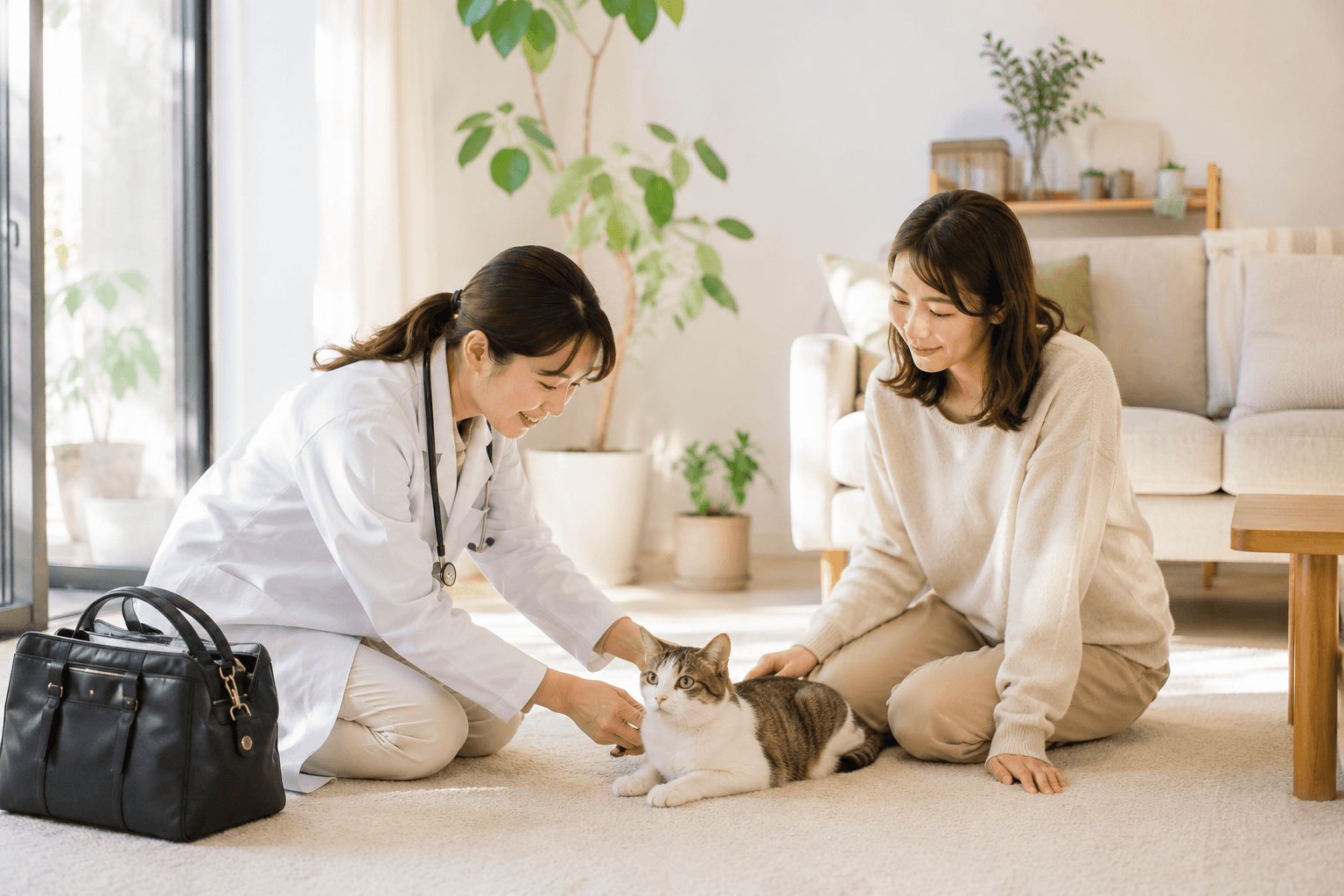 自宅の部屋で猫の健康診断をする獣医師と、見守る飼い主