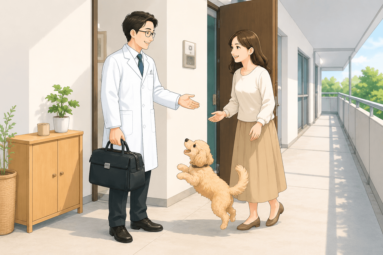 マンションの玄関で飼い主と犬を迎える獣医師